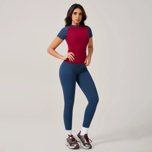 Timeoff Women'S 2 Piece Color Blocking Yoga Set - Short Sleeve Crew Neck Top & High Waist Butt Lifting Leggings, Stretchy Breathable Fabric, Eliminates Movement Restriction & Waist Rolling, Perfect for Yoga, Pilates, Gym & Daily Activewear, Casual Athleti