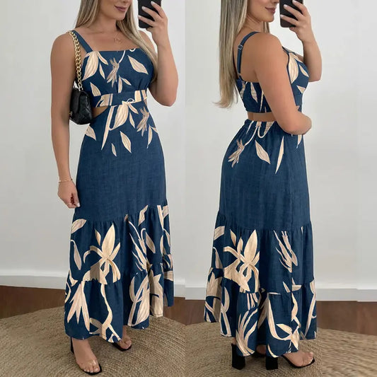 Chicme Women'S Plants Placement Print Adjustable Straps Cutout Waist Shirred Back Maxi Dress/Summer Dress Casual Cinched Waist Ruffle Hem Vacation Dress